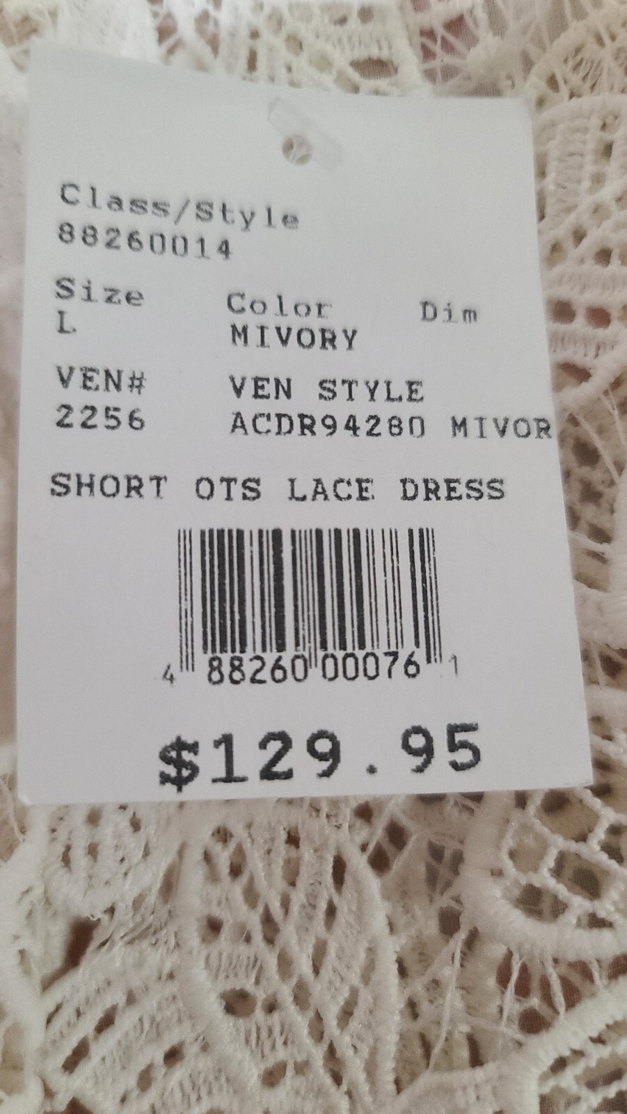 David’s Bridal Wedding Dress Women’s L Off-The-Shoulder Short Lace 3/4 Sleeve