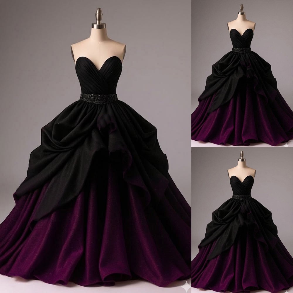Gothic Satin Wedding Dresses Strapless Black Purple Ruffles A Line Bridal Gown