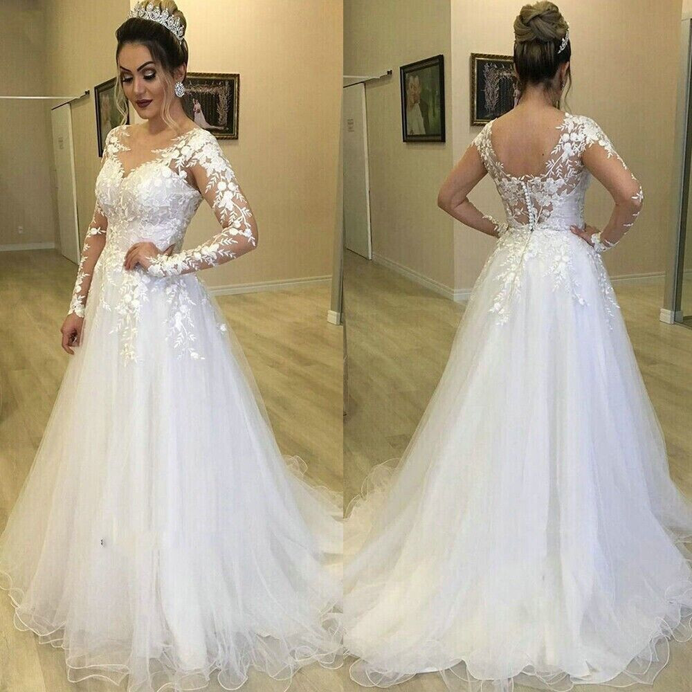 Wedding Dresses Long Sleeve A-Line Lace Applique Tulle Bridal Gowns Flower New