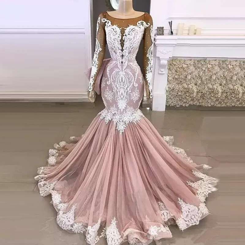 Elegant Pink Vintage Mermaid Wedding Dresses Long-sleeve Lace Appliqué Ball Gown