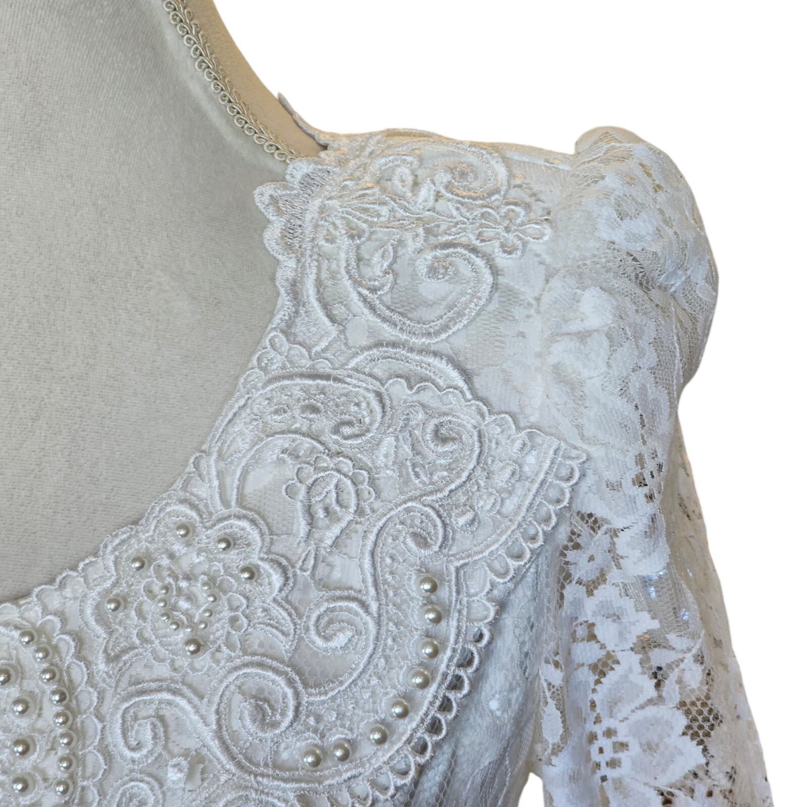 Jessica Mcclintock 90s White Wedding Dress Lace Embellished Long Sleeve Size 7/8