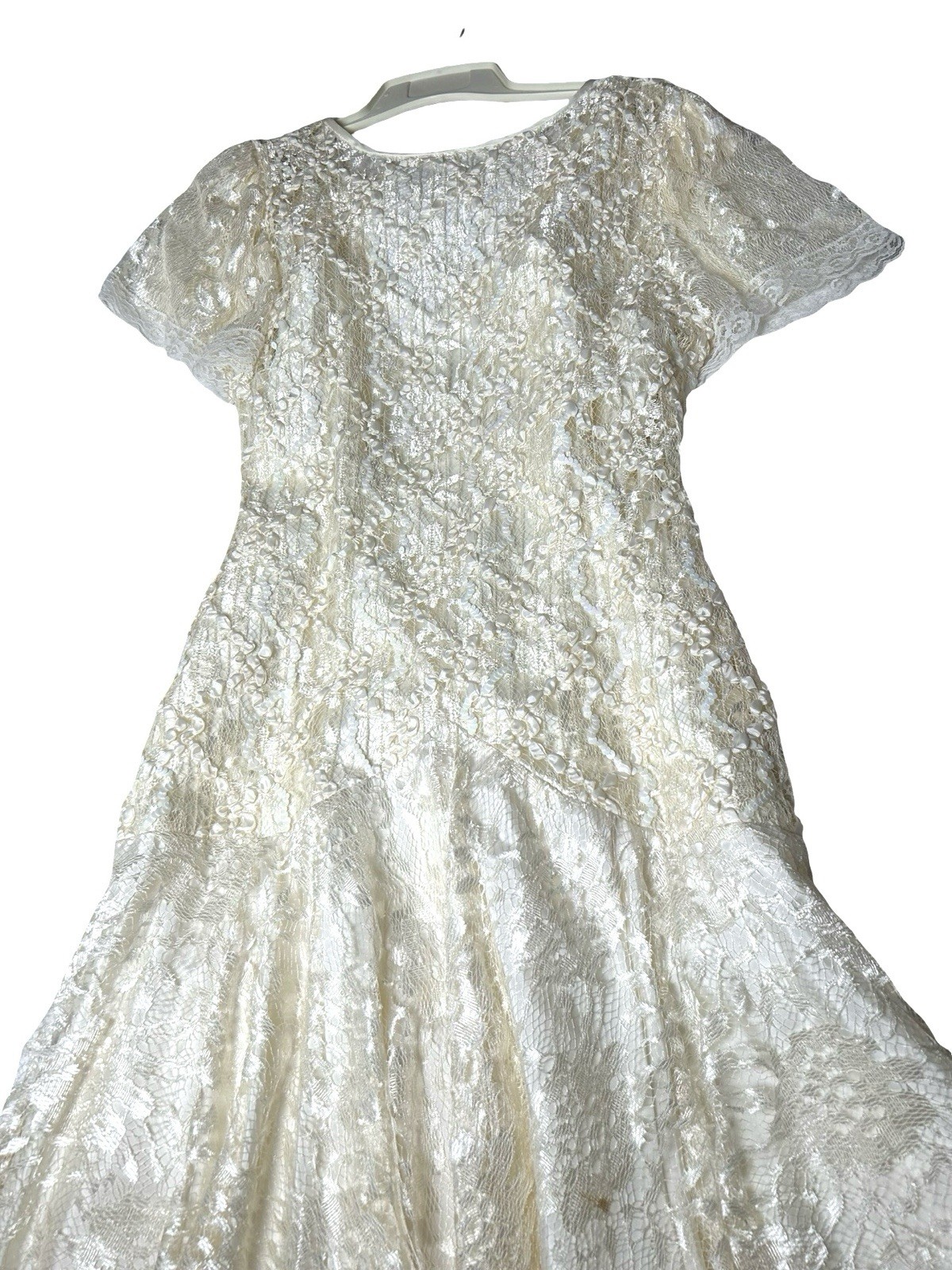VTG Wedding Dress Sz 11/12 Lace Ivory Drop Waist Tea Length Flutter Sleeve READ