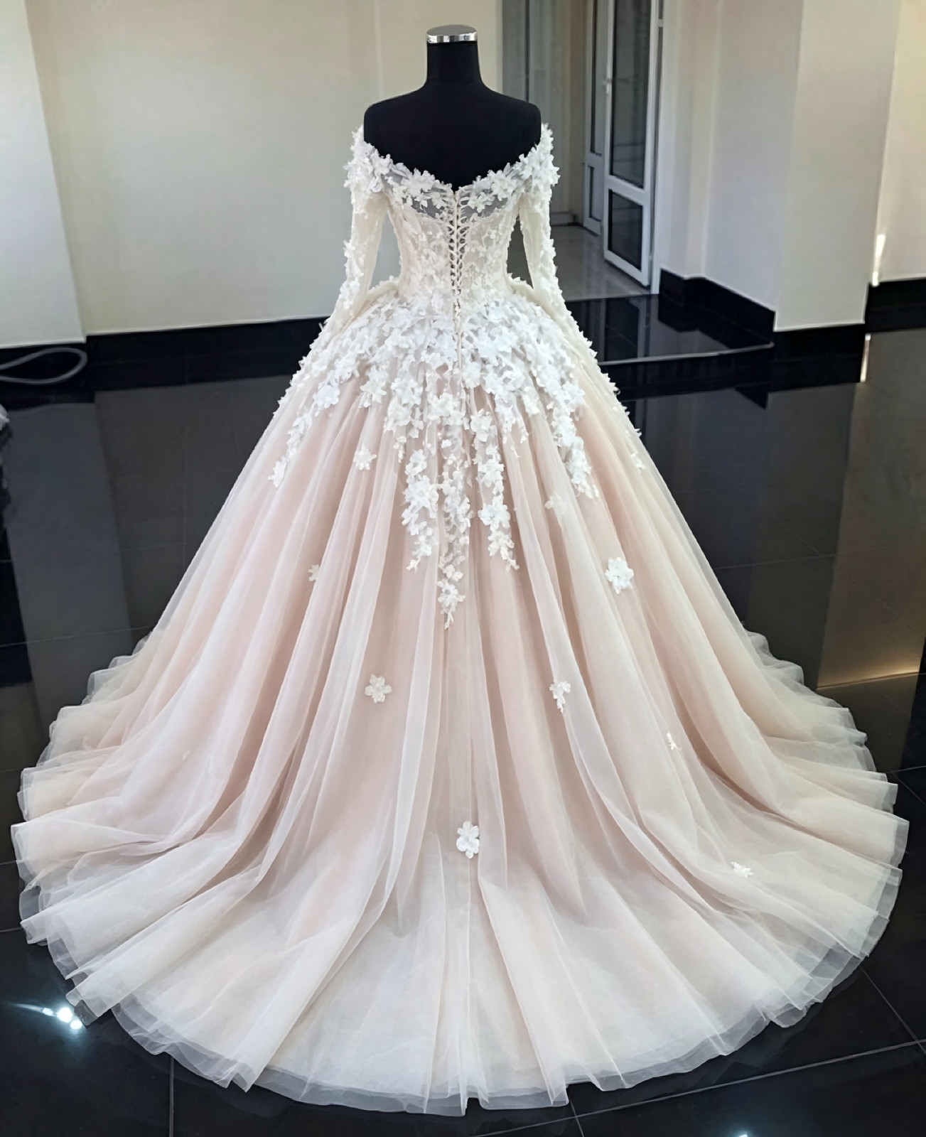 Blush Off Shoulder 3D Floral Tulle Ball Gown Long Sleeve Wedding Dresses