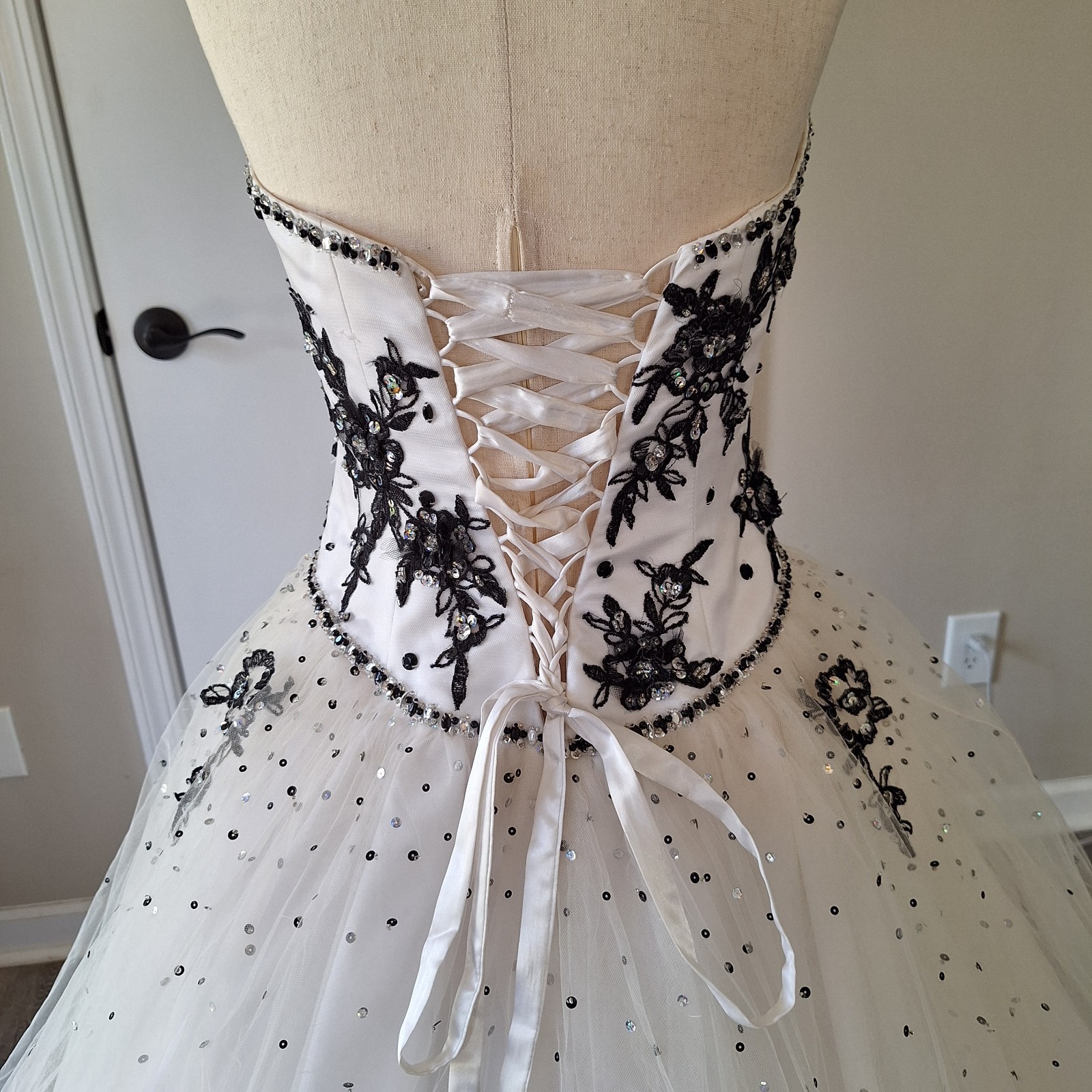 Sz 5/6 Morilee Ball Gown Wedding Dress: Black Embroidery, Corset Back, Tulle