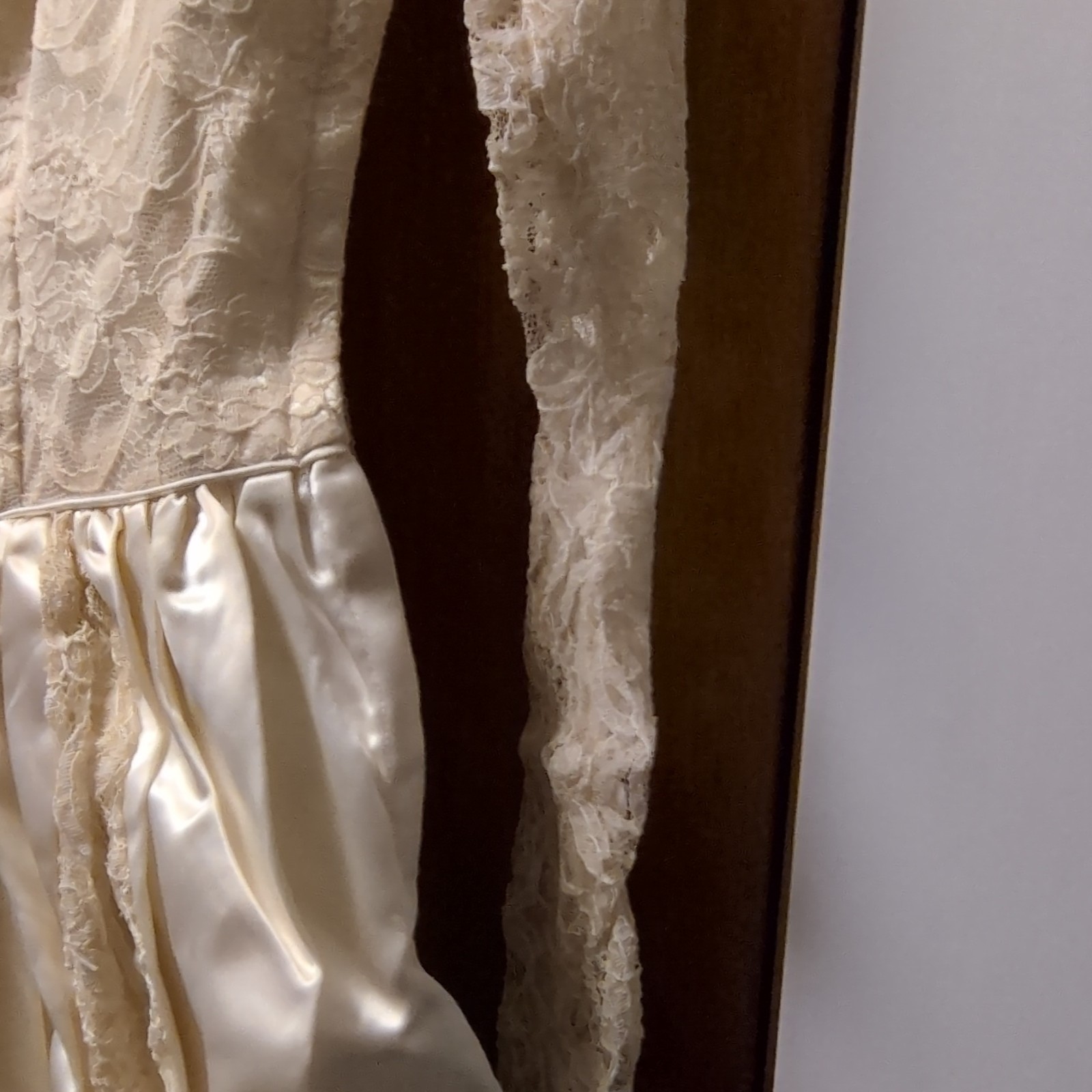 Vintage Ivory Lace Satin A-Line Wedding Dress Long Sleeve High Neck Button Back