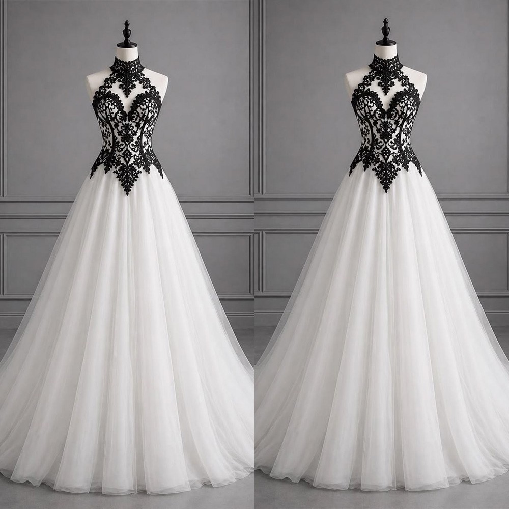 Wedding Dress Halter Neck Black Lace Applique Sleeveless Sweep Train Bridal Gown