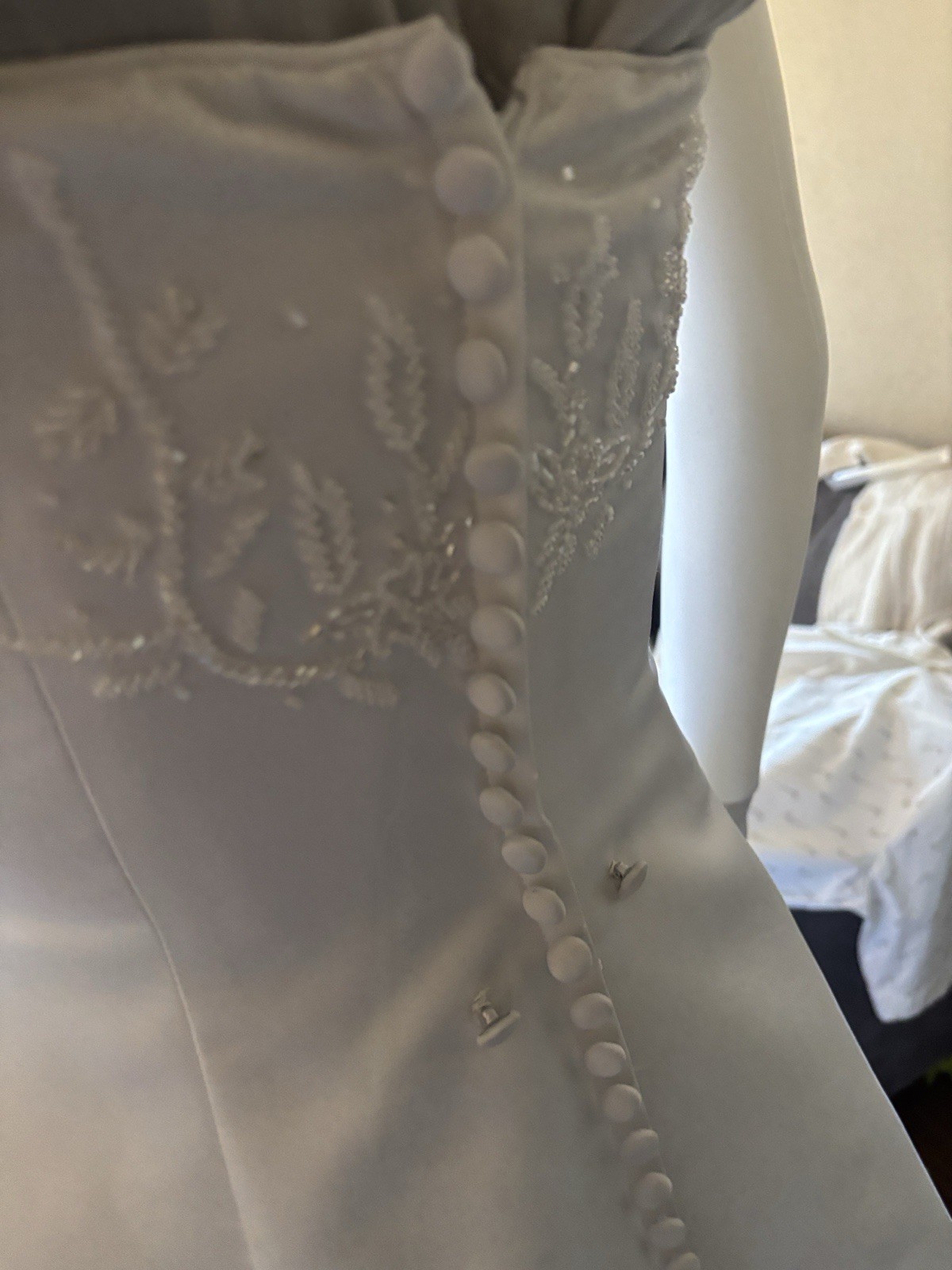 Strapless White Embroidered Beaded A-Line Wedding Dress with Train & Buttons