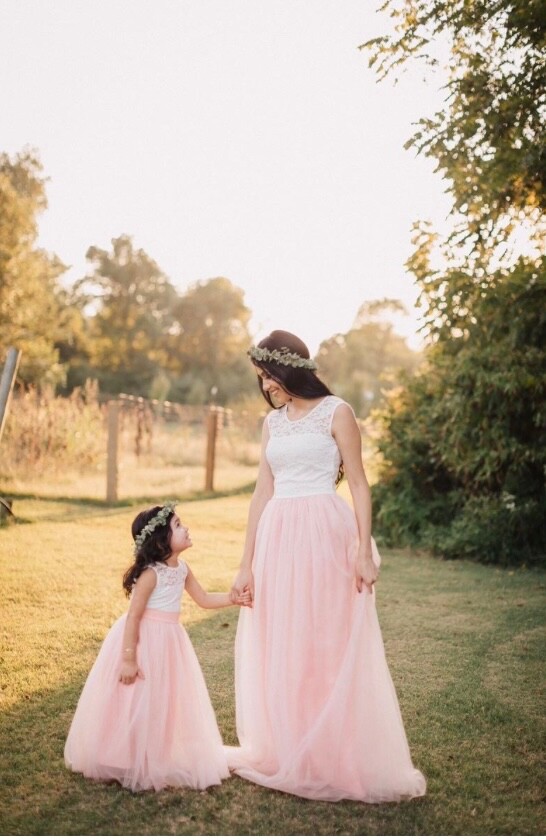 White lace and pink tutu mom and me matching princess dresses with flower crown