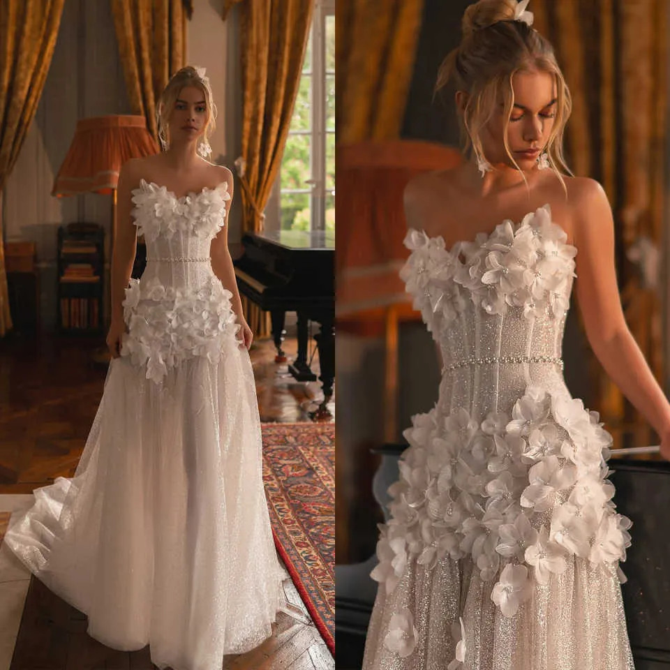 Elegant A Line Wedding Dresses Off Shoulder Lace 3D Flowers Sequins Bridal Gowns