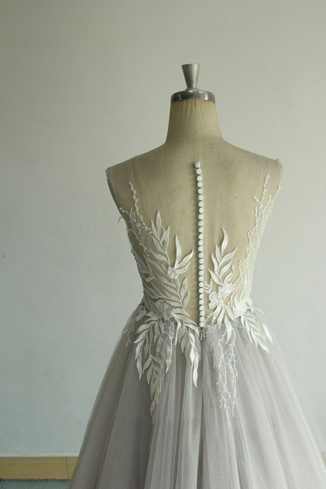Silver grey glitter leaf lace wedding dress wedding dress 32-60 straps n.measurement