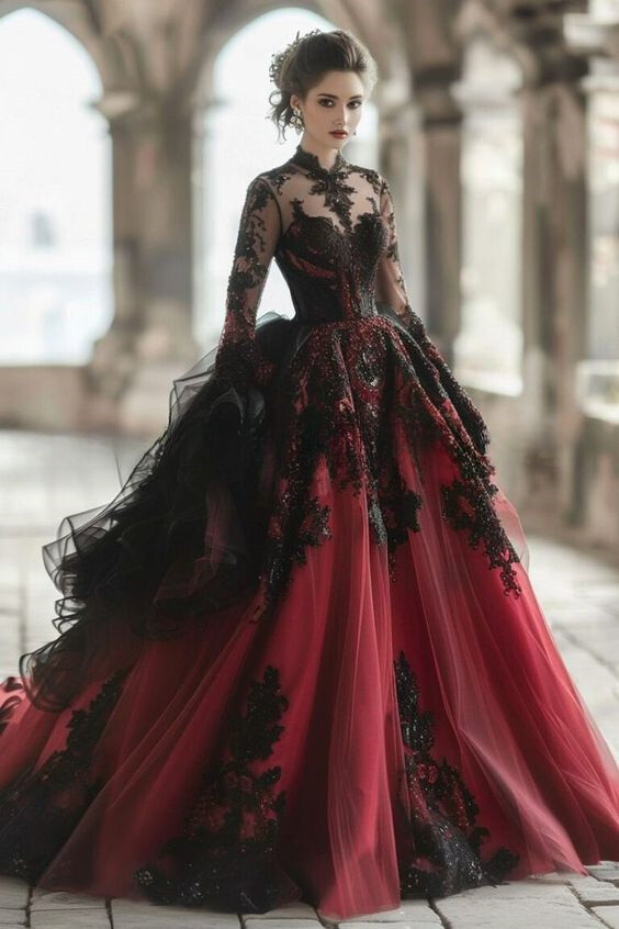 Gothic Wedding Dresses Lace Appliques High Neck Long Sleeve Princess Bridal Gown