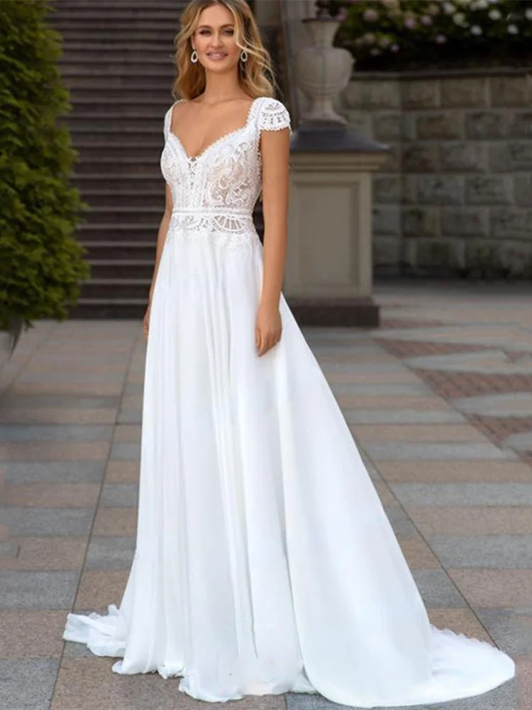 Boho Lace Chiffon V-Neck Wedding Dresses Backless Beach Cap Sleeve Sweep Train