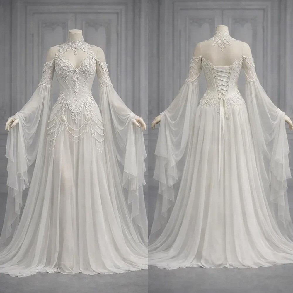 Celtic Chiffon Wedding Dress Cold Shoulder Flared Bell Sleeve Beaded Bridal Gown