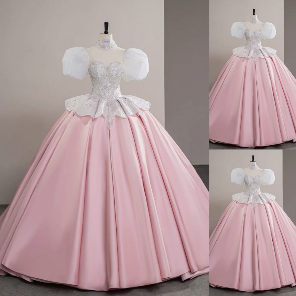 Princes Pink and White Wedding Dresses with Short Sleeves Satin Bridal Gowns