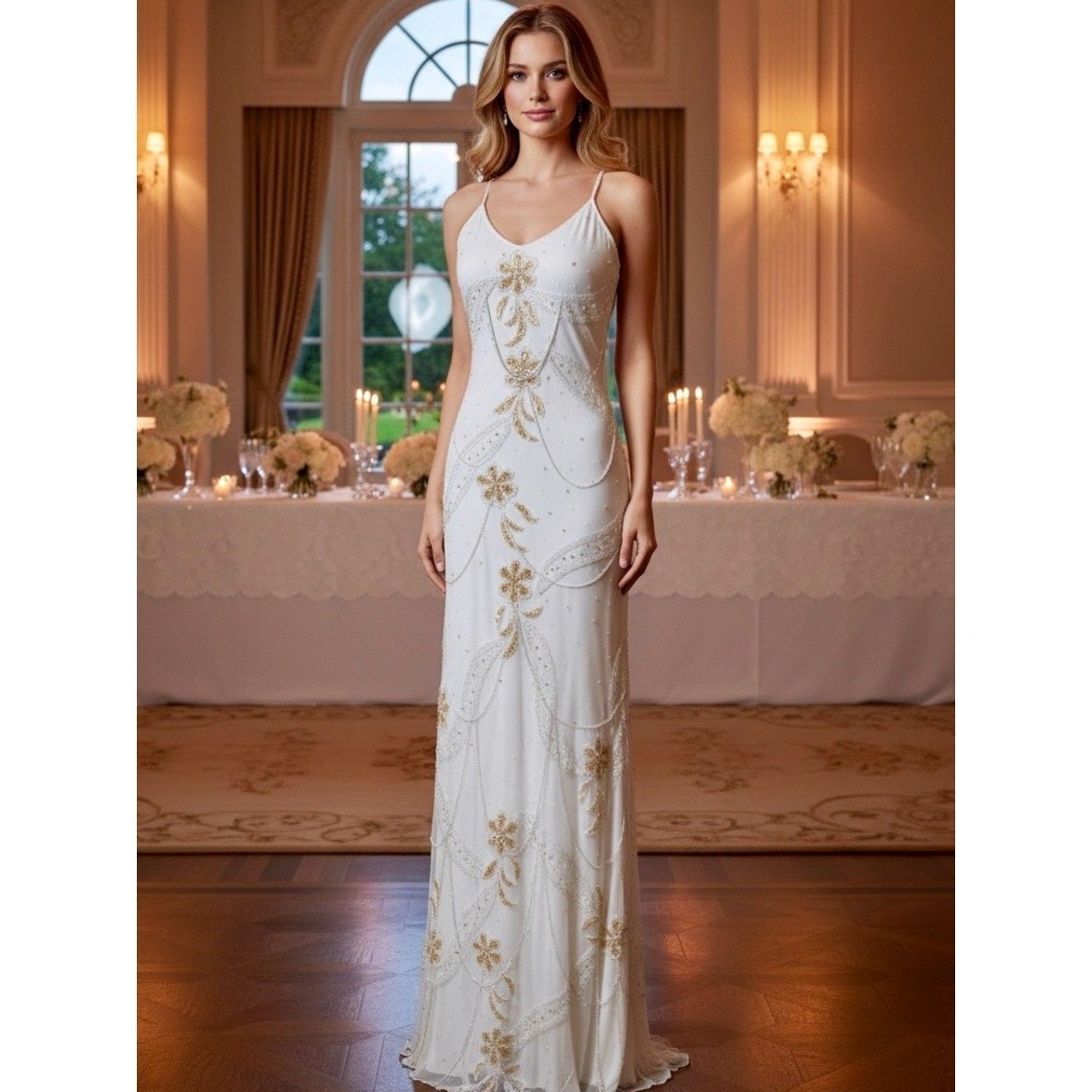 Elegant White hand Beaded Spaghetti Strap gown stretch, fabric stunning