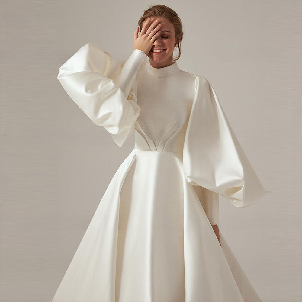 Luxury Mullelin A-Line Wedding Dresses High Neck Puff Sleeved Satin Bridal Gowns