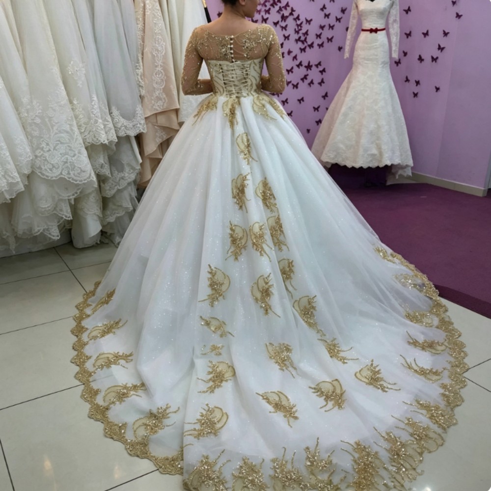 Long Sleeves Golden Lace Appliques Wedding Dresses Long Bridal Gowns Customized