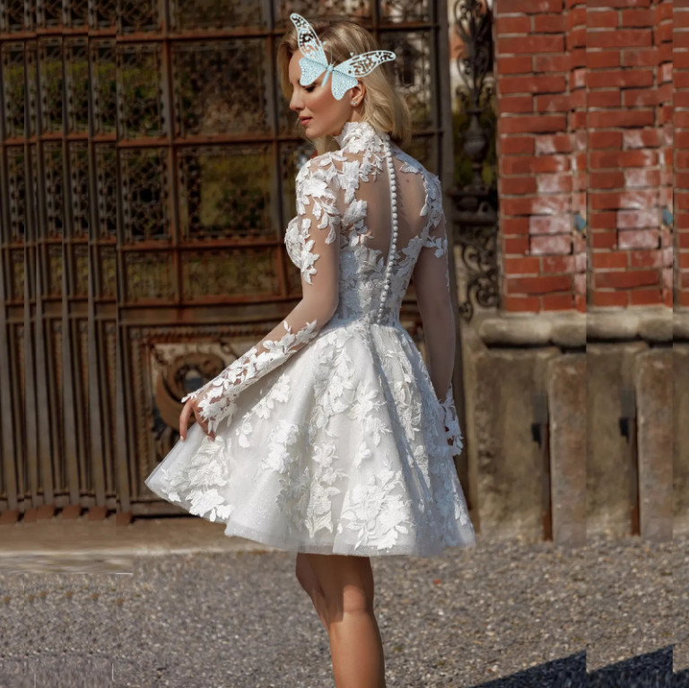 Short Wedding Dresses Bridal Gowns A-Line Tulle High Neck Long Sleeve Applique