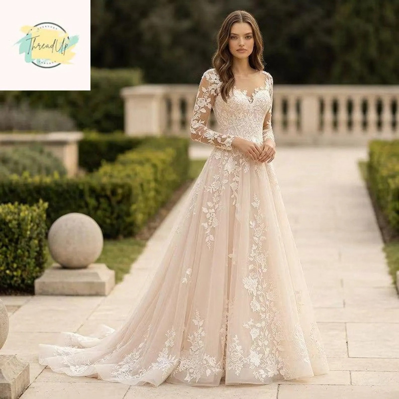 Ivory Long Sleeve Floral Lace Wedding Dress Wedding Dress 32-60 Lace Up A-Line Top