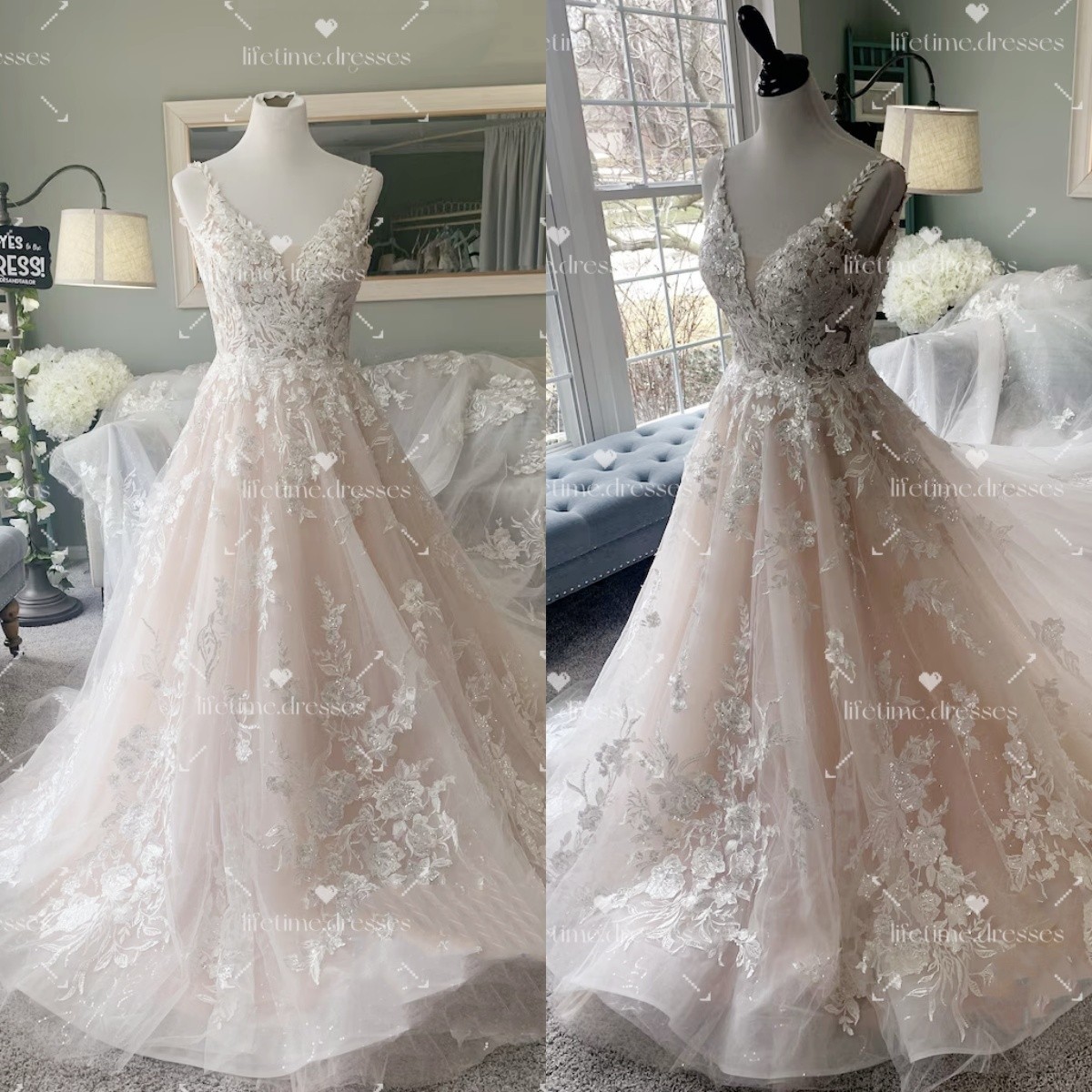 Blush Pink Wedding Dresses A line Elegant Nude V Neck Sweep Train Bridal Gowns