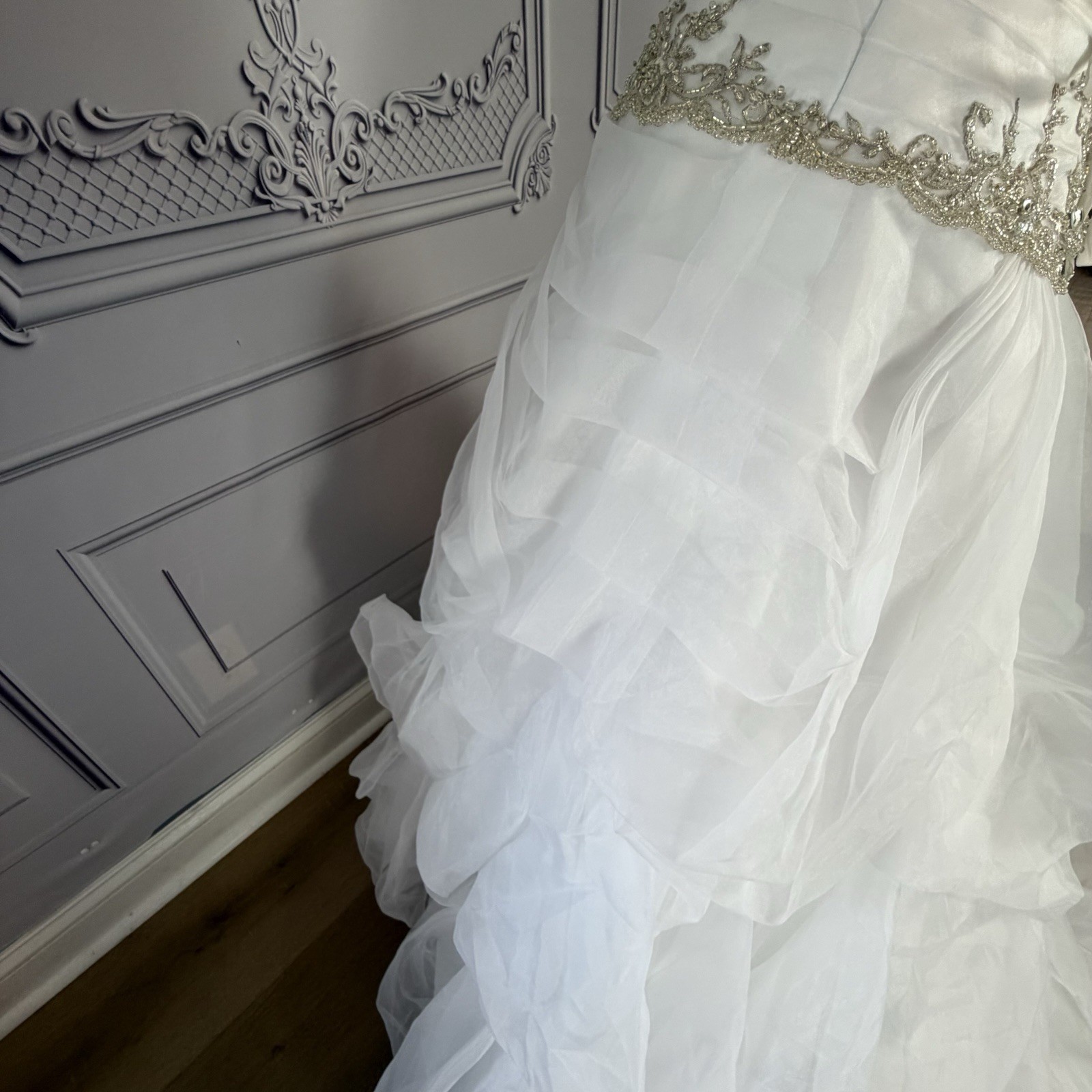 La Joli Mode Strapless White Wedding Gown With Gold Beaded Embellishment Size 10
