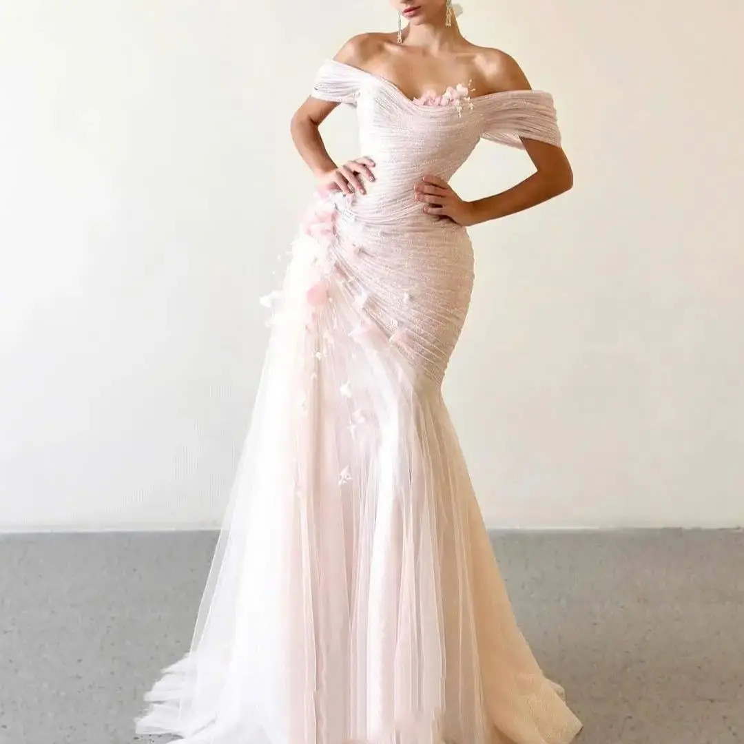 Customized Pink Off-the-Shoulder Mermaid WeddingDress with Floral Embellishments