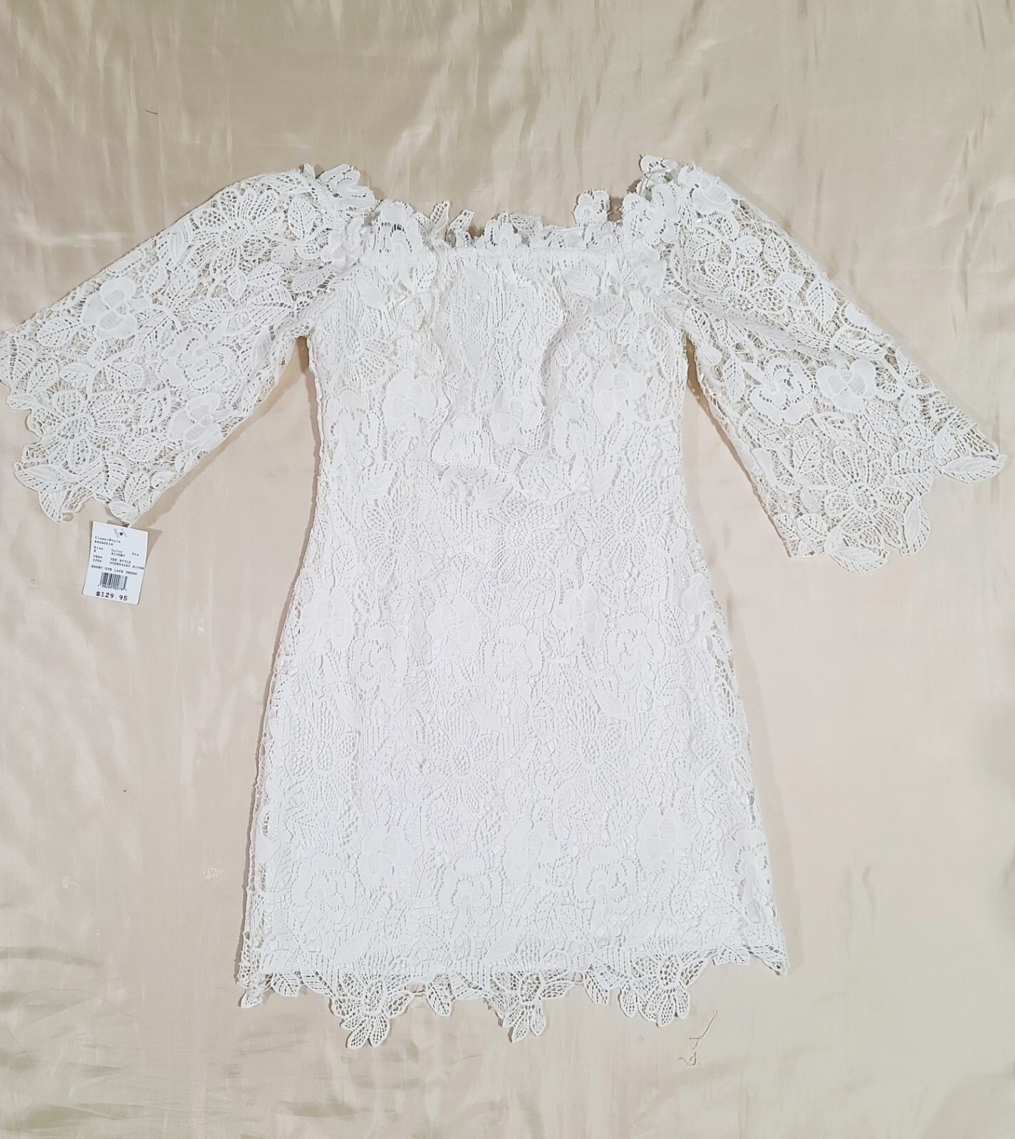 David’s Bridal Lace Sheath Wedding Dress S Off-The-Shoulder 3/4 Sleeve Ivory NWT