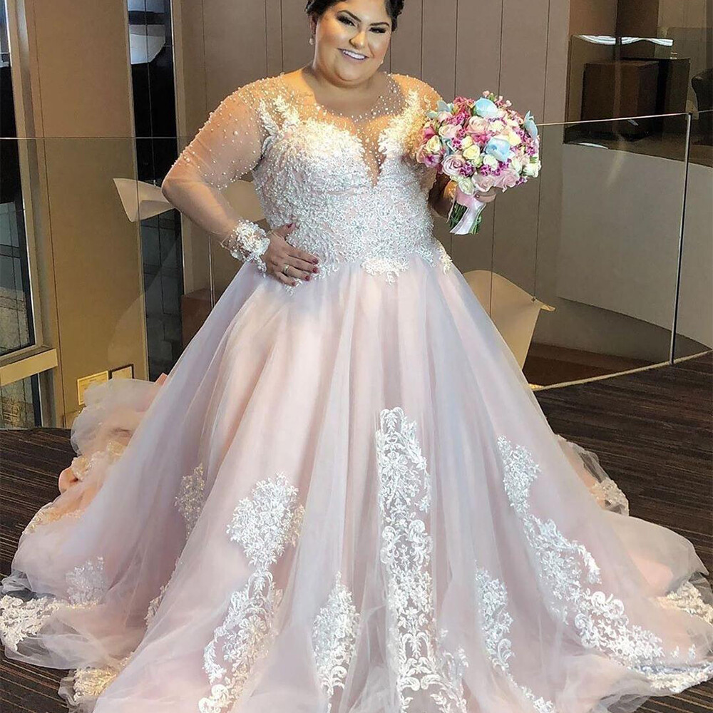 Plus Size Wedding Dress Blush Pink Beaded Long Sleeve Bridal Gown Lace Appliques