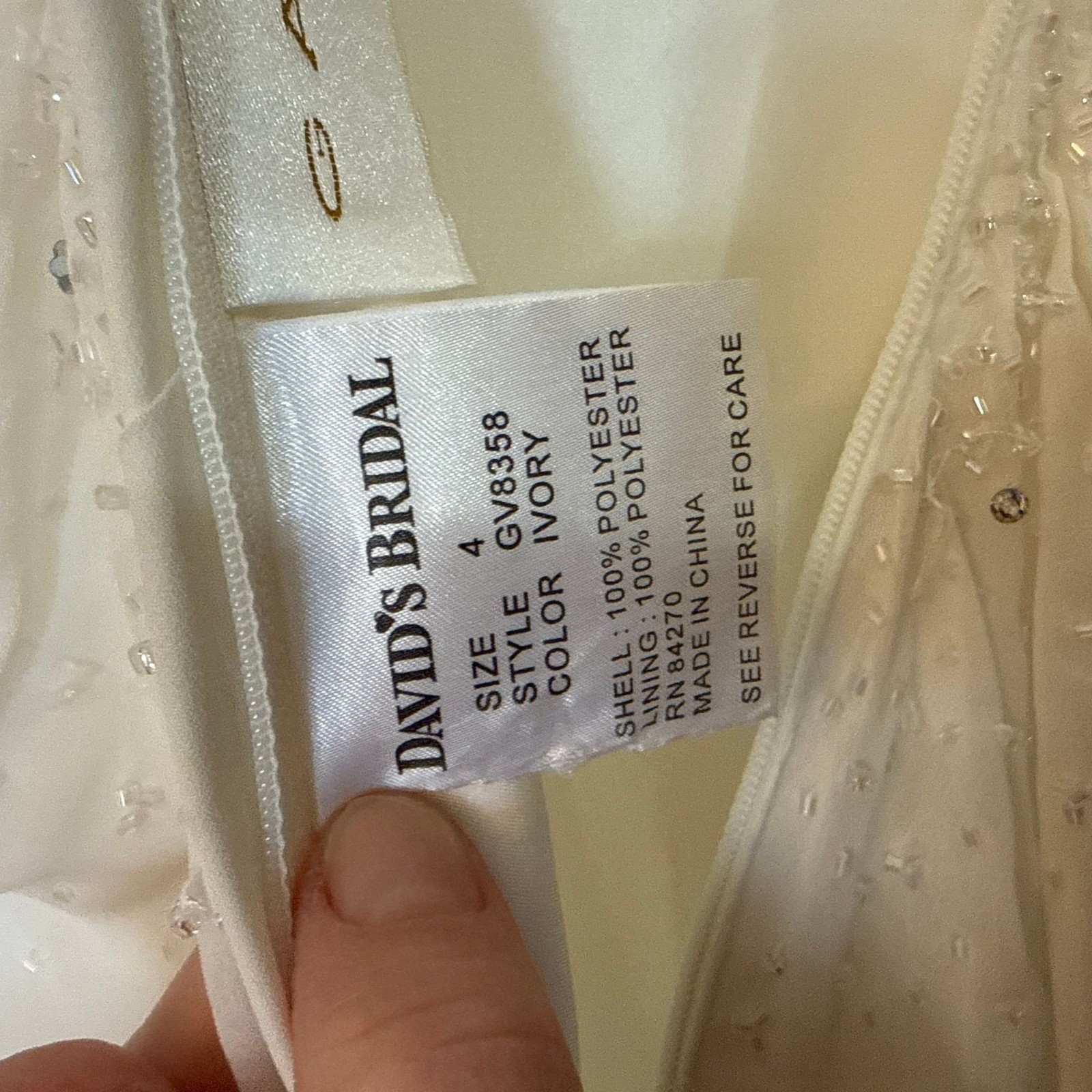 Galina for David’s Bridal Ivory Beaded Chiffon Cowl Neck Wedding Dress Style GV8