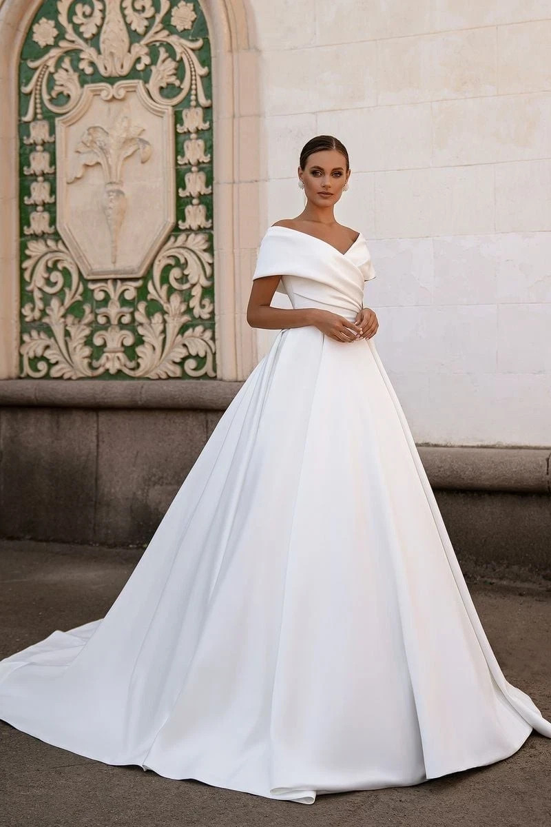 Silviamo SN-195 Fiona Ivory Satin A-Line Off Shoulder Wedding Dress Gown Sz 2