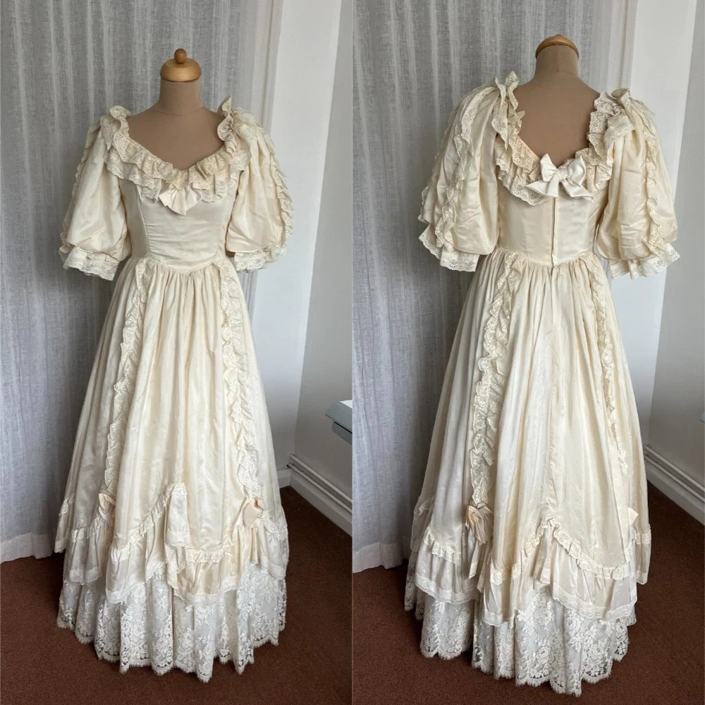 Vintage Puff Short Sleeve Wedding Dress Ruffle Satin Victorian Retro Bridal Gown