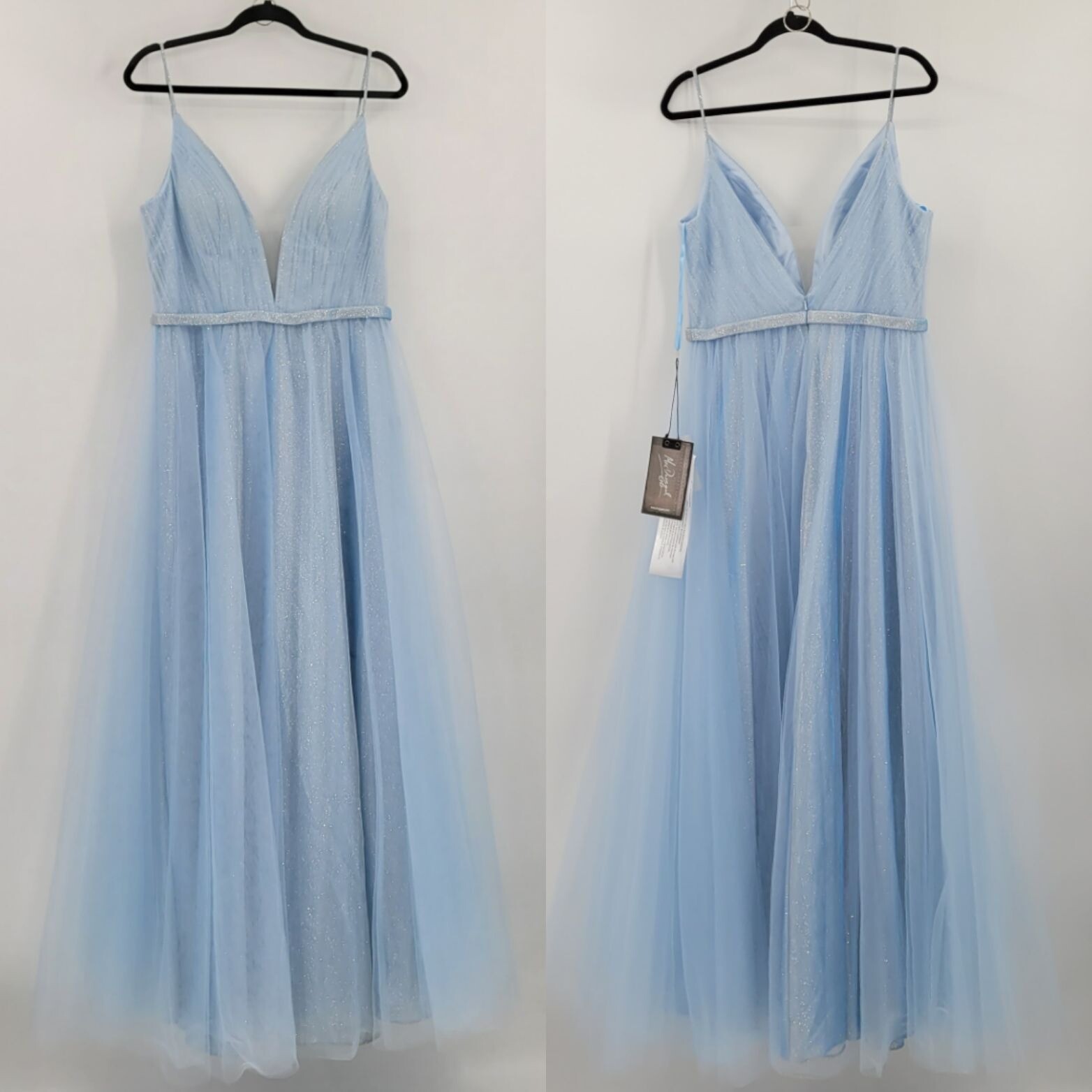 Mac Duggal Gown 10 Ice Blue Sparkle Mesh Plunging V Full Tulle Elsa Princess
