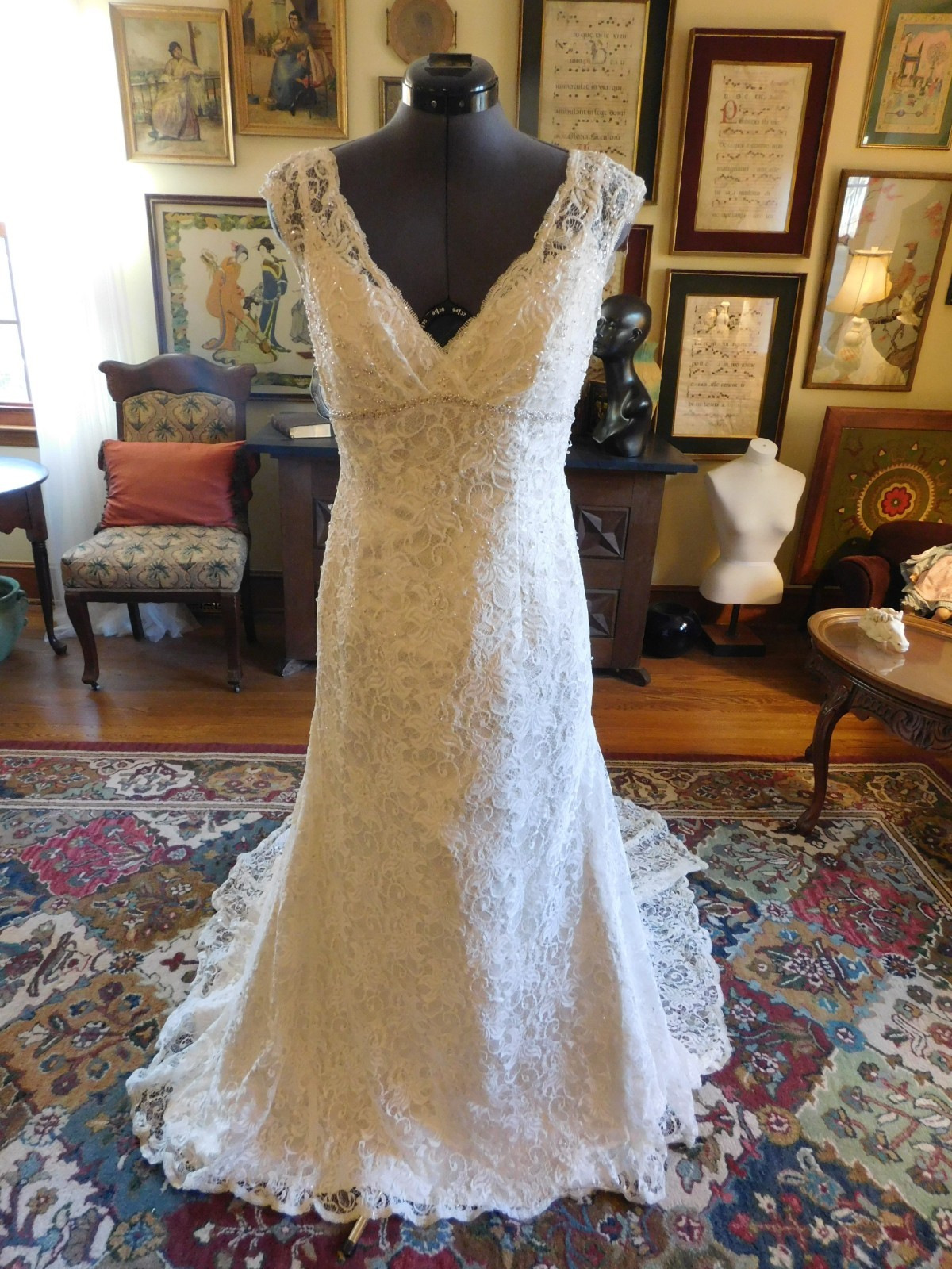 BEAUTIUL OFF WHITE BEADED LACE “DAVID’S” WEDDING GOWN S 8