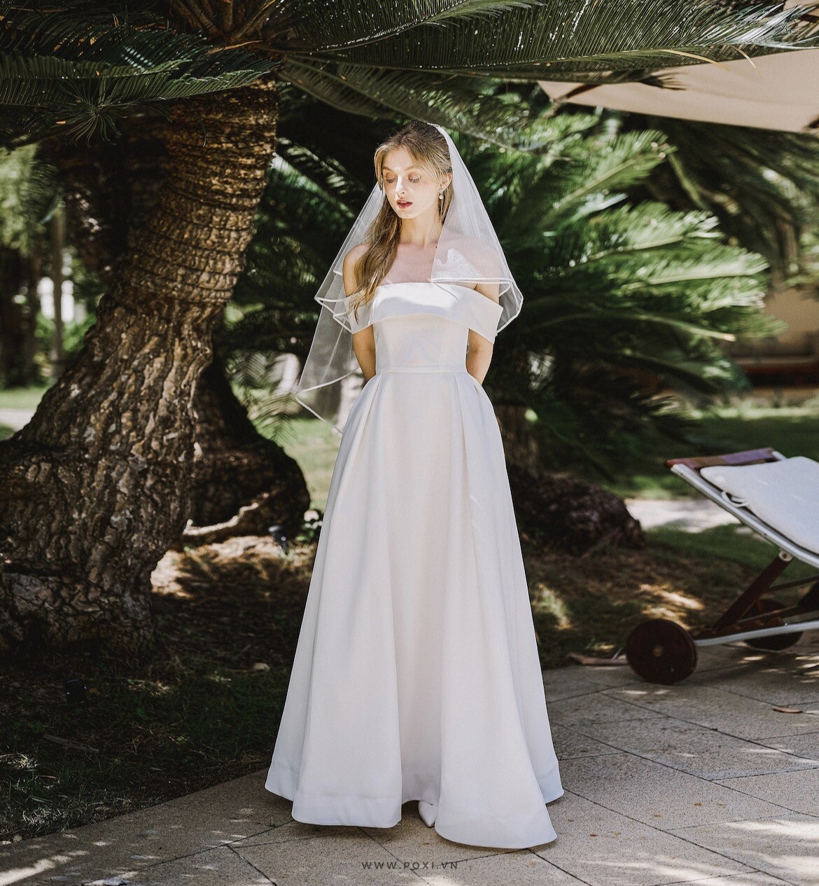 NWT Poxibridal Off-Shoulder Taffeta Wedding Dress Petite Size