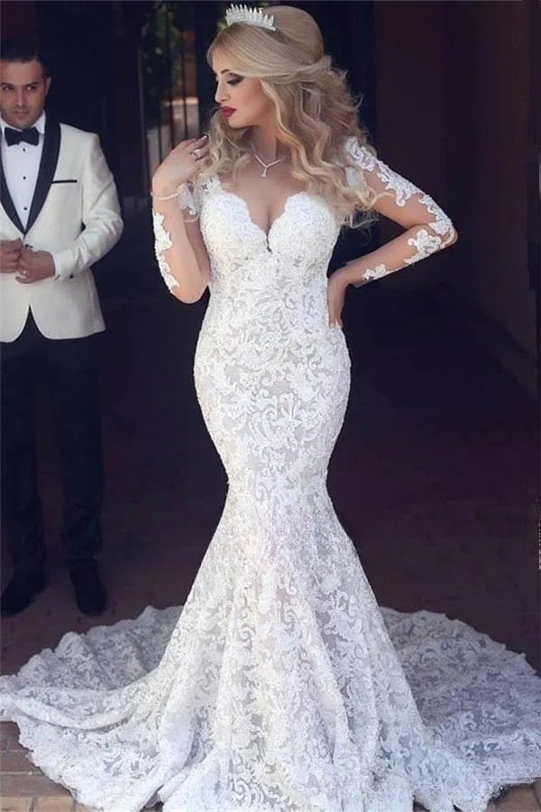 Sexy Mermaid Wedding Dresses Lace Appliques V-Neck Backless Train Bridal Gowns