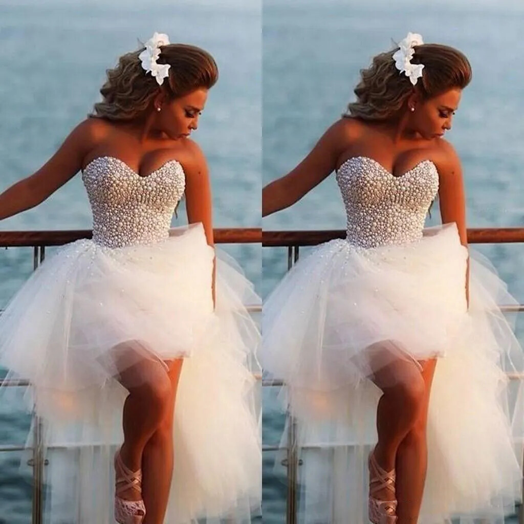 Simple Wedding Dresses Sweetheart Full Pearls Top Diamonds High Low Bridal Gowns