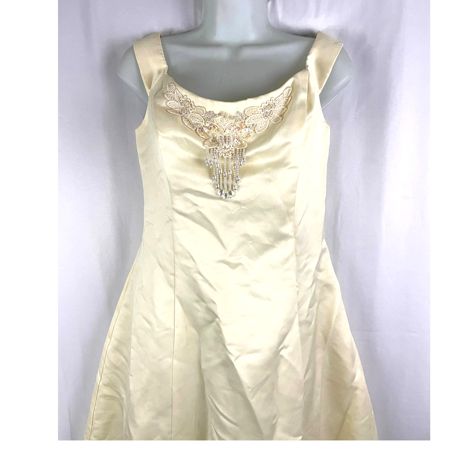 Jessica McClintock Off Shoulder Champagne Satin Wedding Gown Dress Sz 10 Beaded