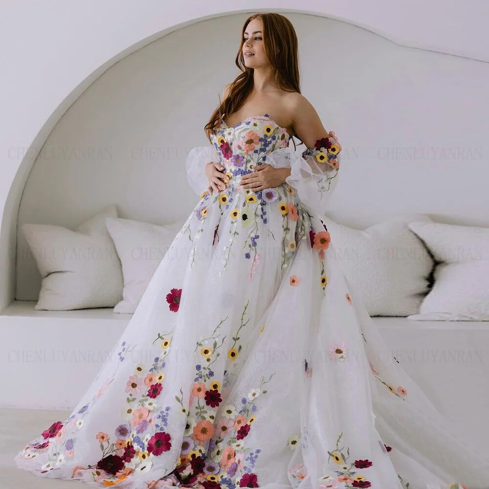 Elegant A-Line Wedding Dresses Sweetheart Puff Sleeves Flower Tulle Bridal Gowns