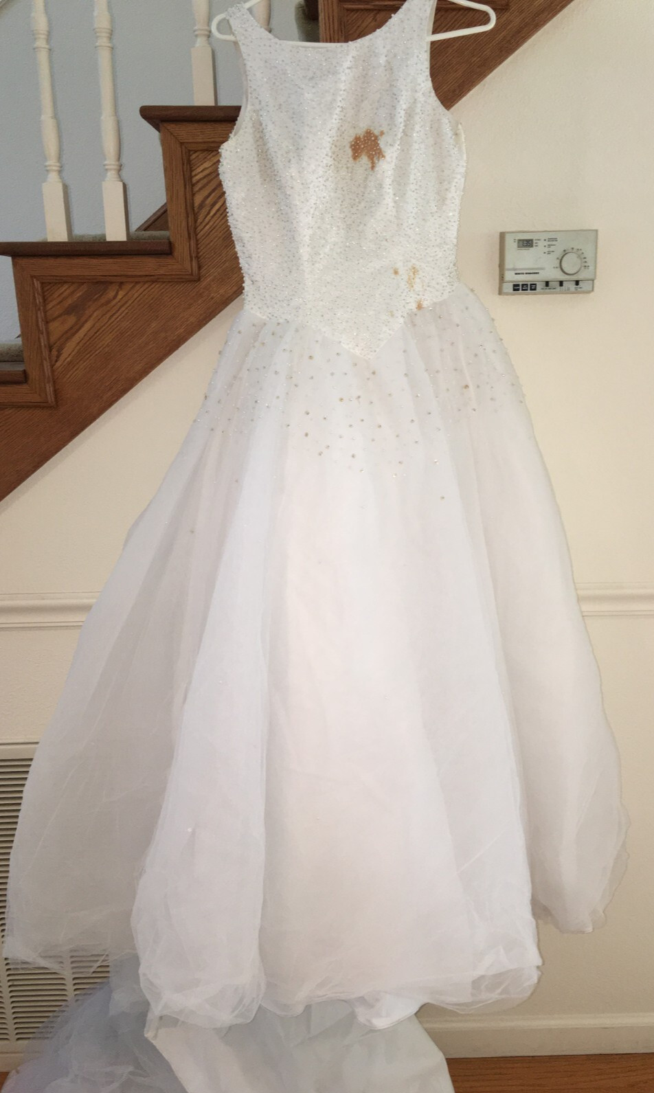 WOMEN WHITE SILVER BEADED Wedding Dress TRAIN PRINCESS TULLE Size S M 36″ STAINS