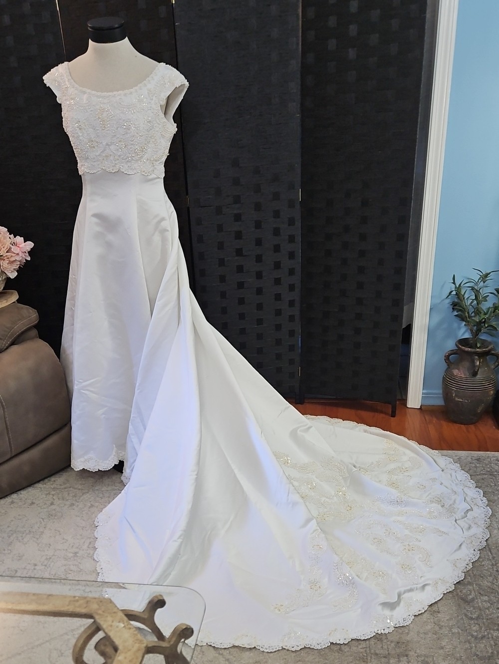 Alfred Angelo White Satin Beaded Bodice Wedding Gown with Sweep Train – Small