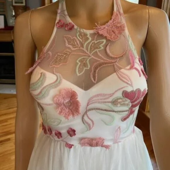 *Sequin Heart White Halter Pink Green Lace Tulle Wedding Gown Bride Dress Size 1