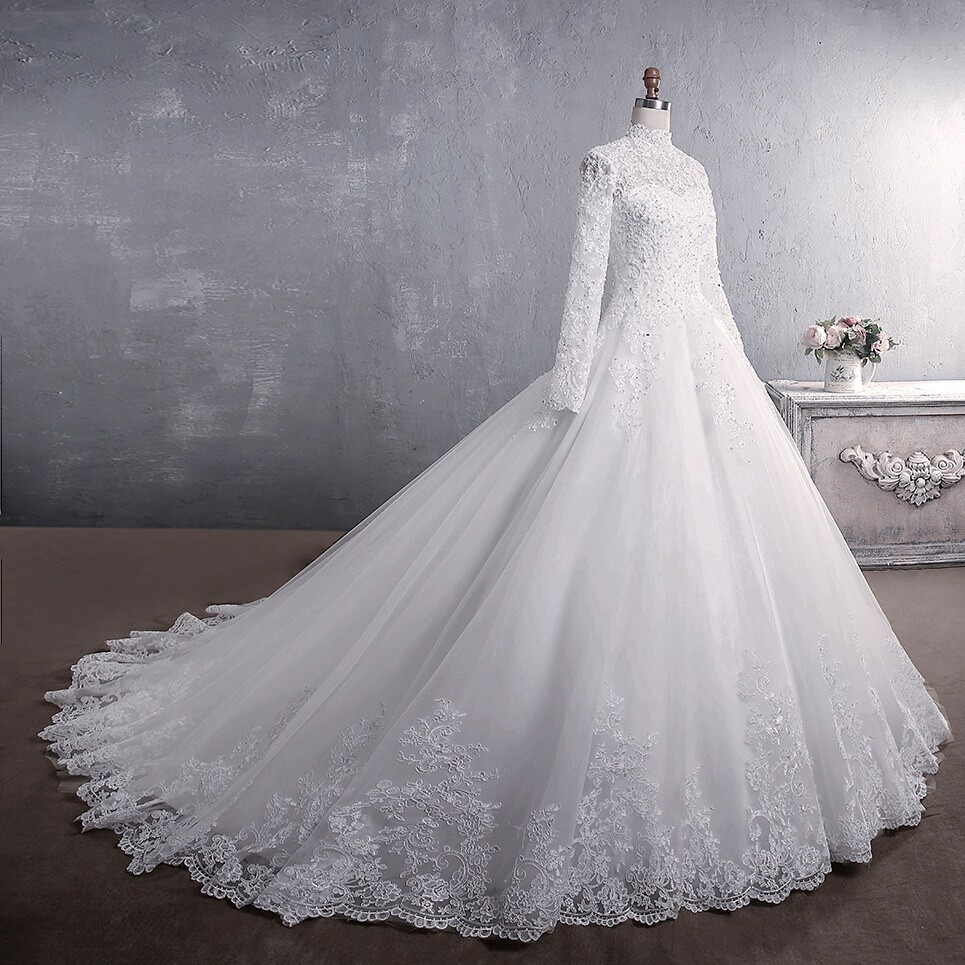 Bride Trailing Wedding Dress Women Off-white Bridal Gown Muslim Princess Frocks