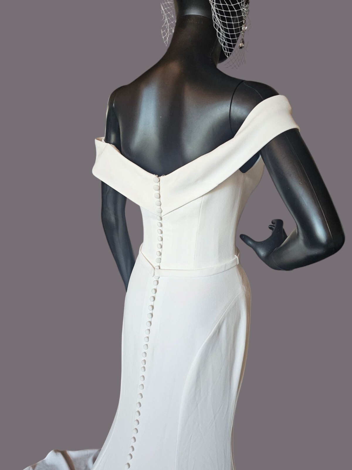 Ivory Off Shoulder Fitted Crepe Wedding Gown