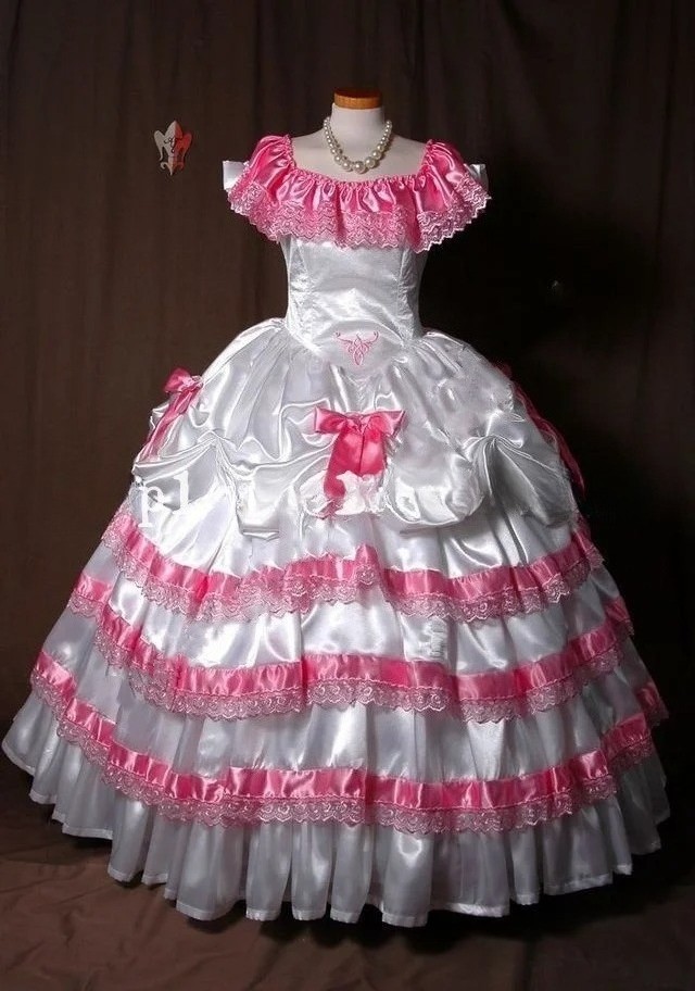 Victorian Wedding Dresses Pink White Satin Lace Ruffles Medieval Masquerade