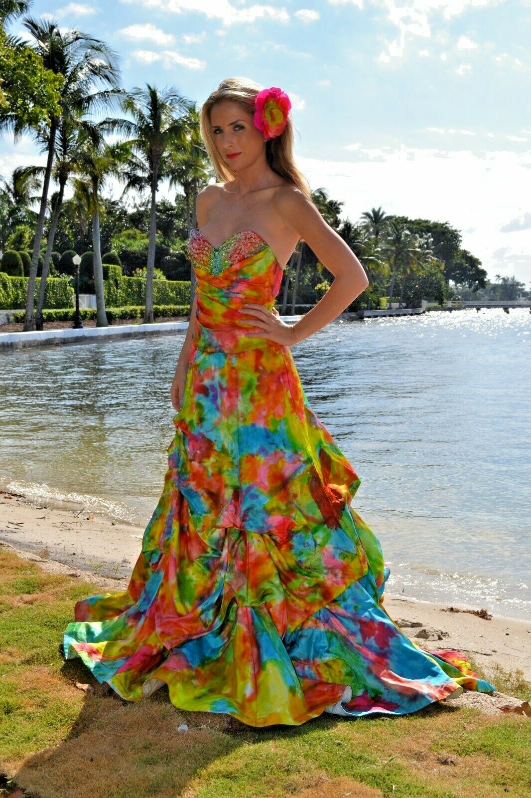 NEW silk Bohemian Wedding Dress destination beach Blue pink white tie dye gown M