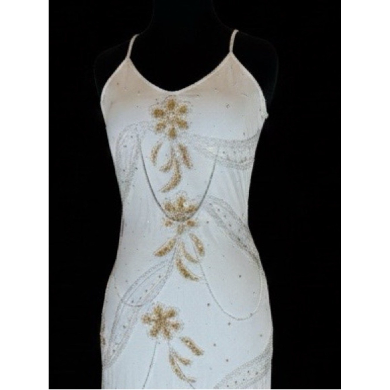 Elegant White hand Beaded Spaghetti Strap gown stretch, fabric stunning