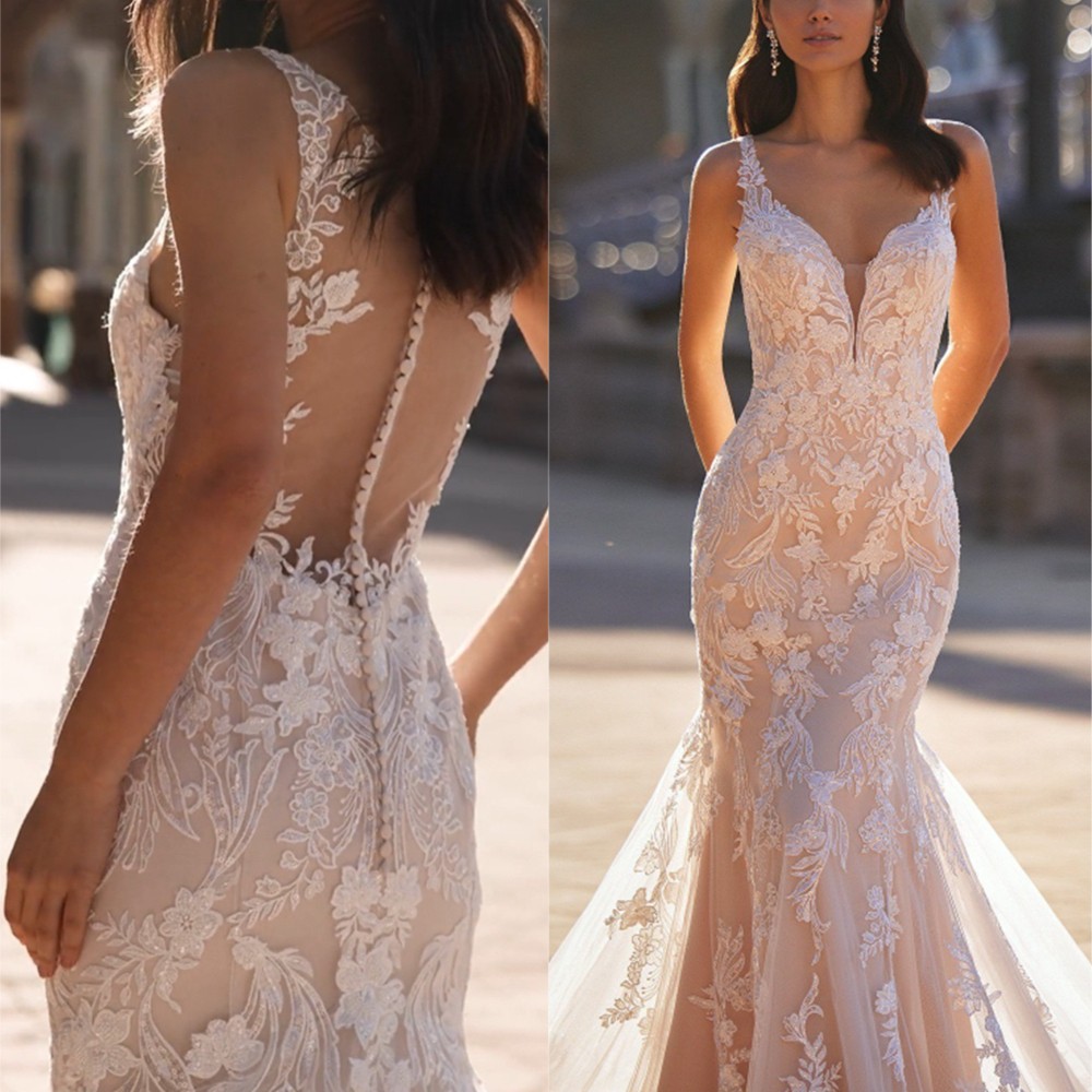 Elegant Fit Flare Lace Wedding Dresses Buttons Ivory Champagne Top Quality
