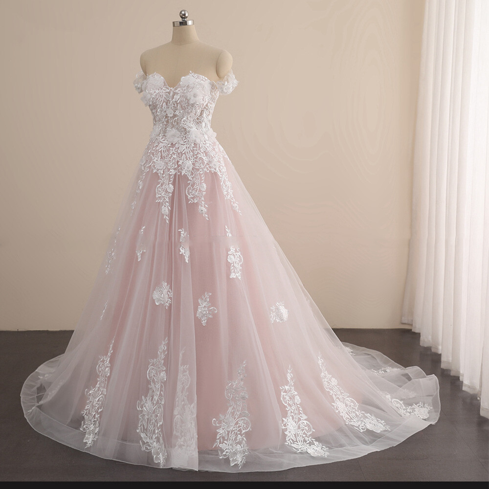 Pink Lace Wedding Dresses 3D Flowers Beaded Off Shoulder Bridal Gown Sweep Train