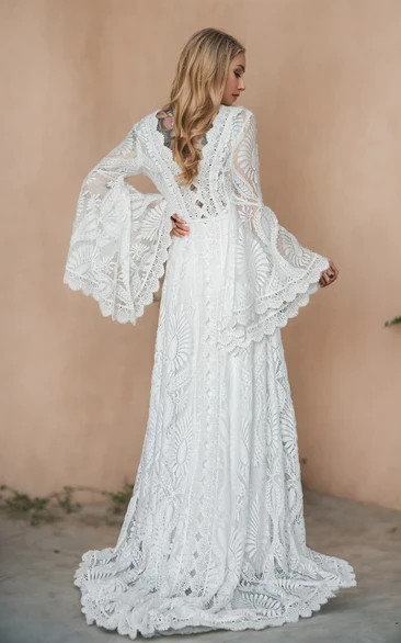 Summer Floral Beach A-Line Boho Lace Long Bell Sleeve Wedding Dress BRAND NEW