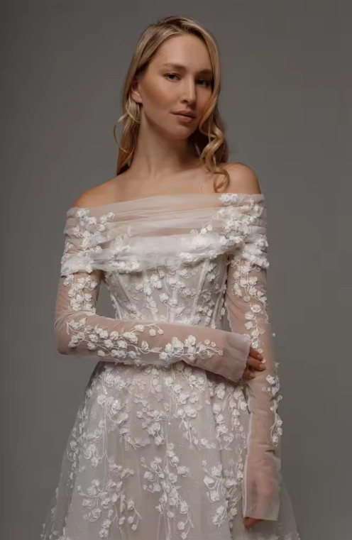 Lace Flowers Detachable Long Sleeves Wedding Dress Ankle-Length Glitter vestidos